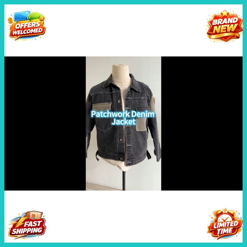 Oversized Denim Jacket Mens Patchwork Button Down… - image 8